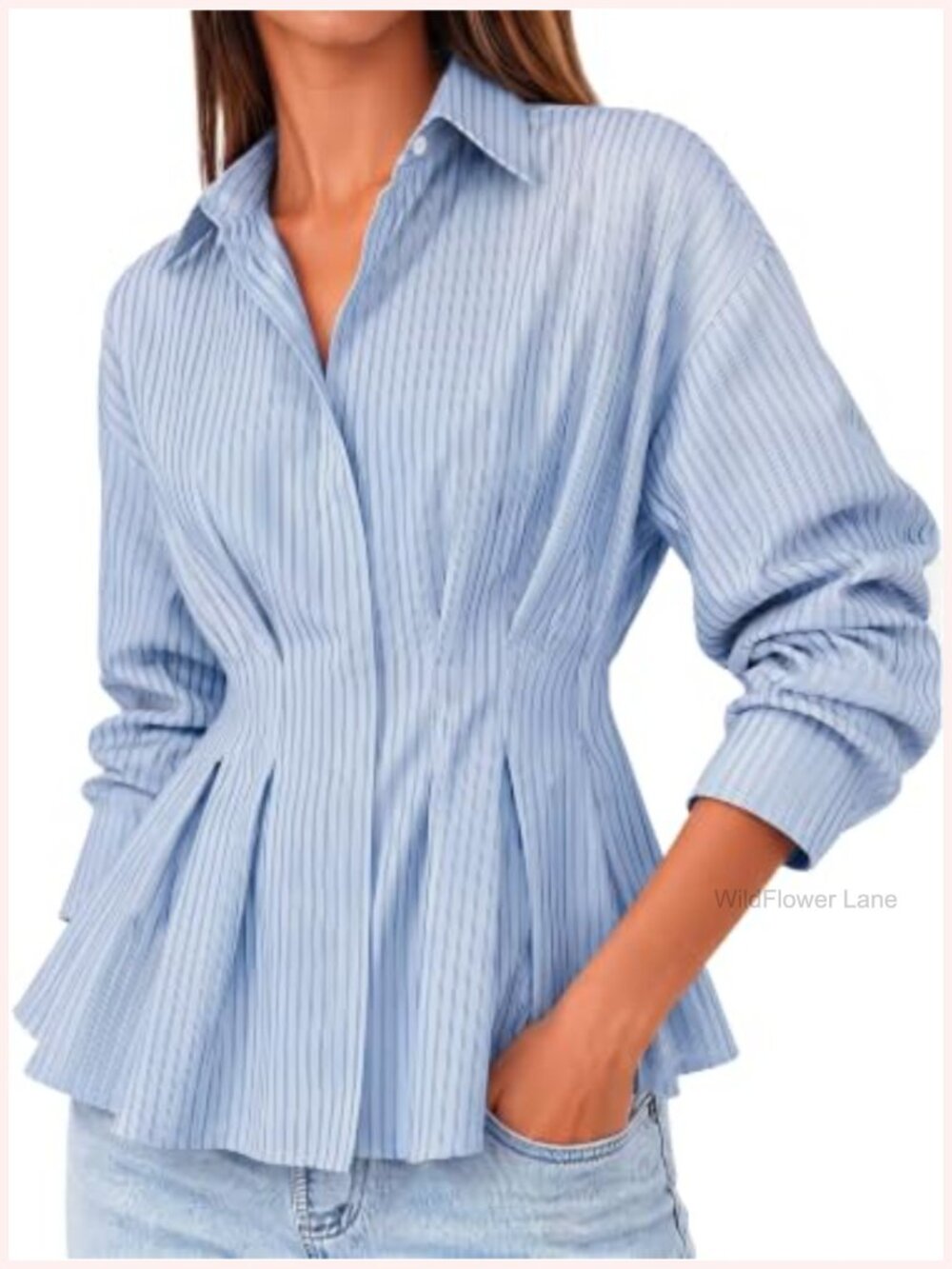 Women's Striped Peplum Button Down Blouse Business Casual Pleated Shirt